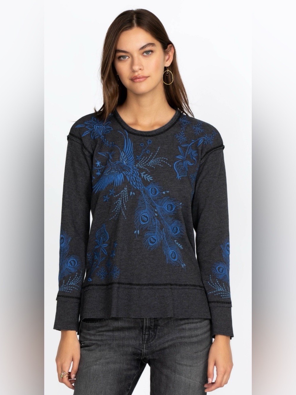 Johnny Was Azure Raw Seam Oversized Sweatshirt